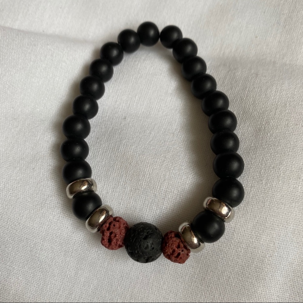 Black Glass And Red Lava Bead Stretch Bracelet